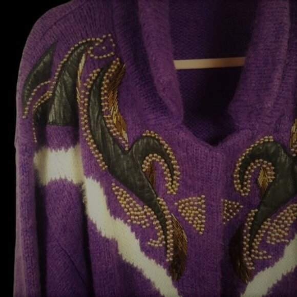 Vintage 80s long cardigan sweater jacket coat beads and applique - Picture 4 of 7